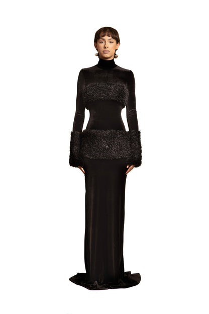 LONG VELVET DRESS FEATURING SHERPA TRIMS AND CUFFS