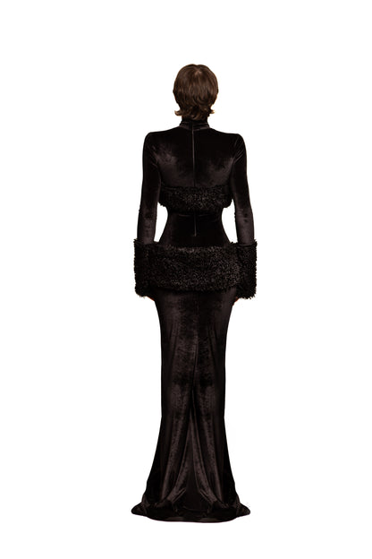 LONG VELVET DRESS FEATURING SHERPA TRIMS AND CUFFS