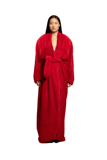 DRAPED COCOON FAUX FUR COAT IN RED