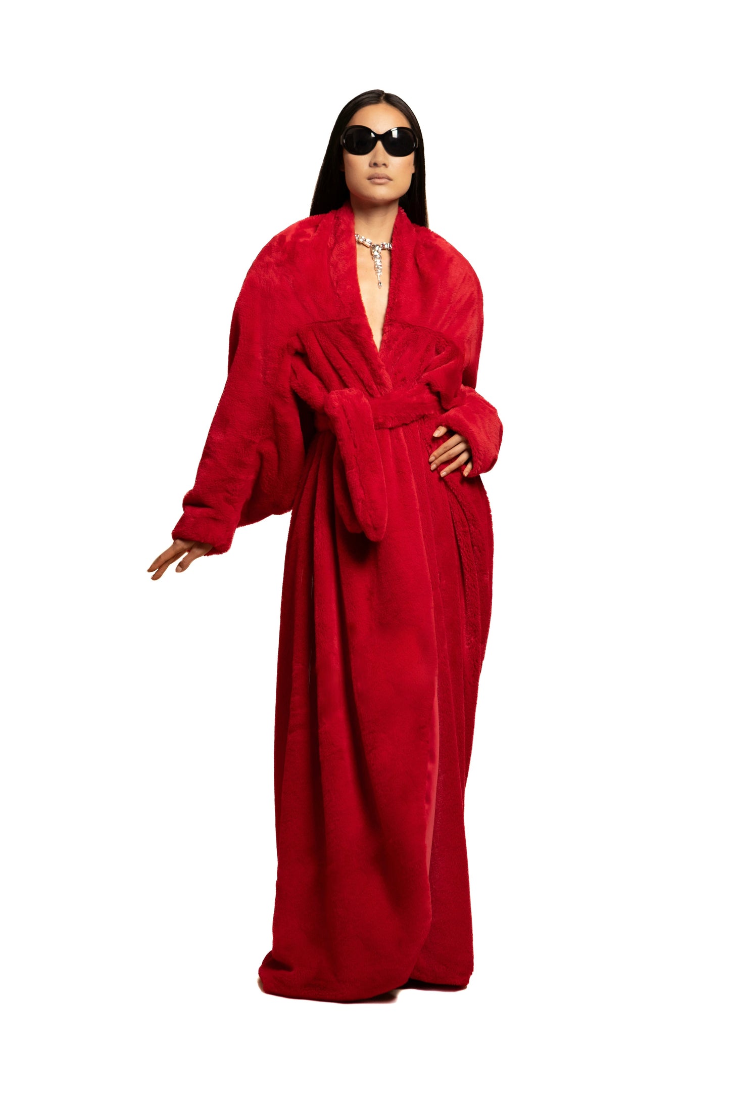 DRAPED COCOON FAUX FUR COAT IN RED