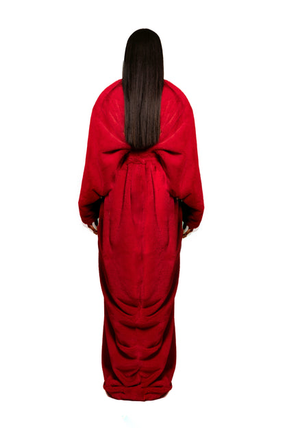 DRAPED COCOON FAUX FUR COAT IN RED