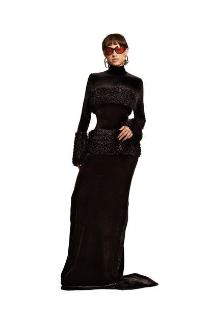 LONG VELVET DRESS FEATURING SHERPA TRIMS AND CUFFS