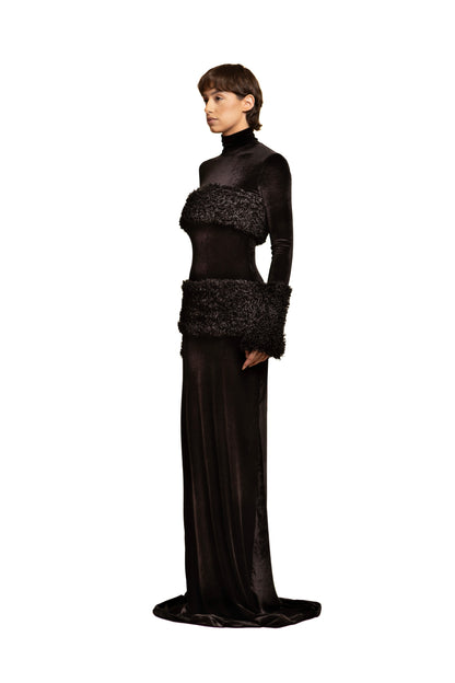 LONG VELVET DRESS FEATURING SHERPA TRIMS AND CUFFS