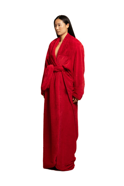 DRAPED COCOON FAUX FUR COAT IN RED